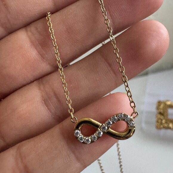 Gold Infinity Necklace with Cubic Zirconia Crystals - Picture 5 of 7
